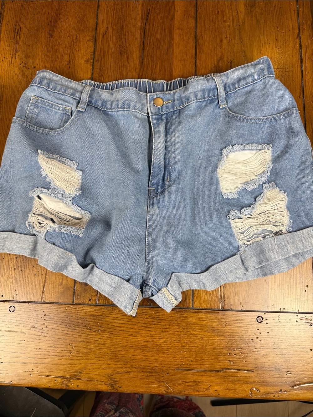 SHEIN Curve Light Blue Distressed Rolled-Hem Denim Shorts Size 1XL